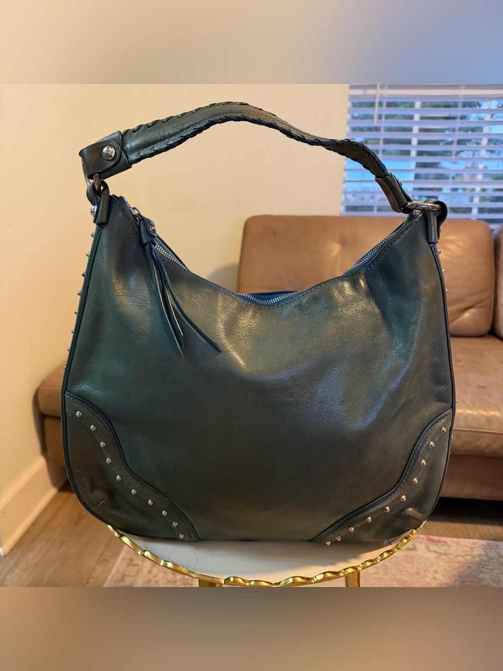 Vintage Michael Kors Teal Studded Leather Hobo Shoulder Bag Large
